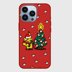 Чехол для iPhone 13 Pro Пикачу зажигает елку, цвет: 3D-красный