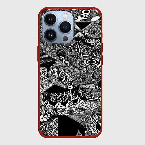 Чехол iPhone 13 Pro Чёрно-белая триповая абстракция / 3D-Красный – фото 1