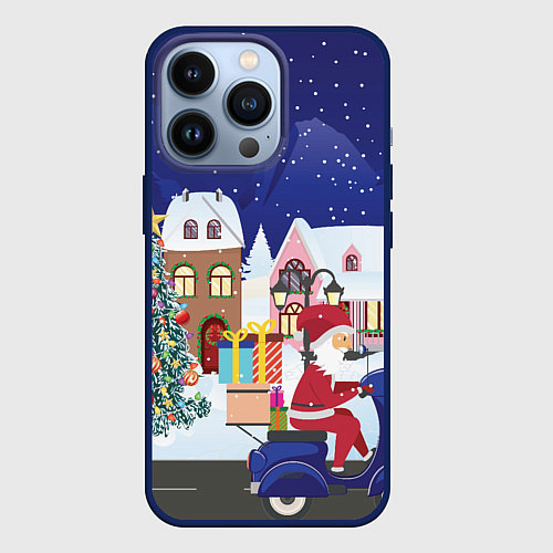 Чехол iPhone 13 Pro Дед Мороз едет на скутере с подарками в Новогоднюю / 3D-Тёмно-синий – фото 1