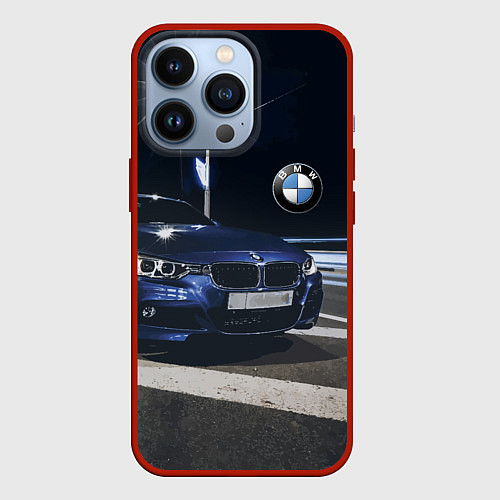 Чехол iPhone 13 Pro BMW на ночной трассе / 3D-Красный – фото 1