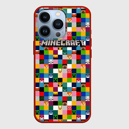 Чехол iPhone 13 Pro Minecraft - пиксельные персонажи / 3D-Красный – фото 1