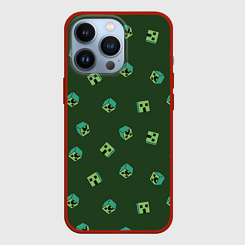 Чехол iPhone 13 Pro Minecraft - зеленые лица / 3D-Красный – фото 1