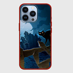 Чехол для iPhone 13 Pro Хэллоуин - чёрный кот на заборе, цвет: 3D-красный