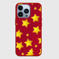 Чехол для iPhone 13 Pro Золотые звезды и елки на красном, цвет: 3D-красный