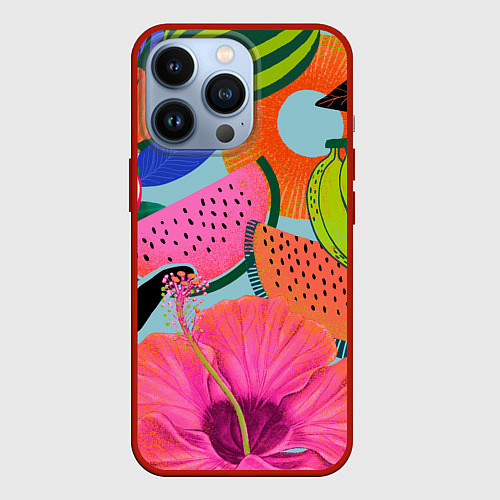 Чехол iPhone 13 Pro Цветочный, фруктовый, тропический паттерн / 3D-Красный – фото 1