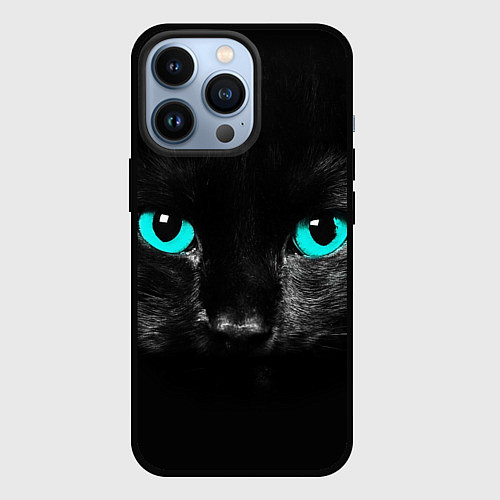 Чехол iPhone 13 Pro Чёрный кот с бирюзовыми глазами / 3D-Черный – фото 1