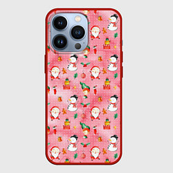 Чехол для iPhone 13 Pro Новый год - снеговики, цвет: 3D-красный