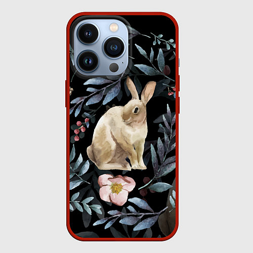 Чехол iPhone 13 Pro Новогодний кролик - Веточки и цветочки / 3D-Красный – фото 1