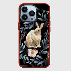 Чехол для iPhone 13 Pro Новогодний кролик - Веточки и цветочки, цвет: 3D-красный
