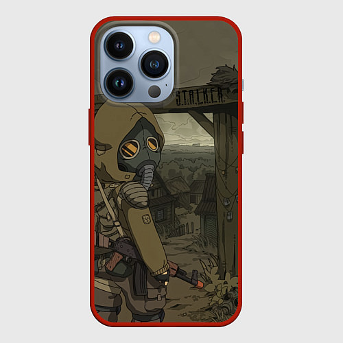 Чехол iPhone 13 Pro STALKER тень чернобыля нарисованный постер / 3D-Красный – фото 1