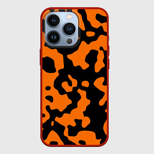 Чехол iPhone 13 Pro Чёрные абстрактные пятна на оранжевом фоне / 3D-Красный – фото 1