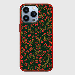 Чехол для iPhone 13 Pro Красные ягоды на темно-зеленом фоне, цвет: 3D-красный