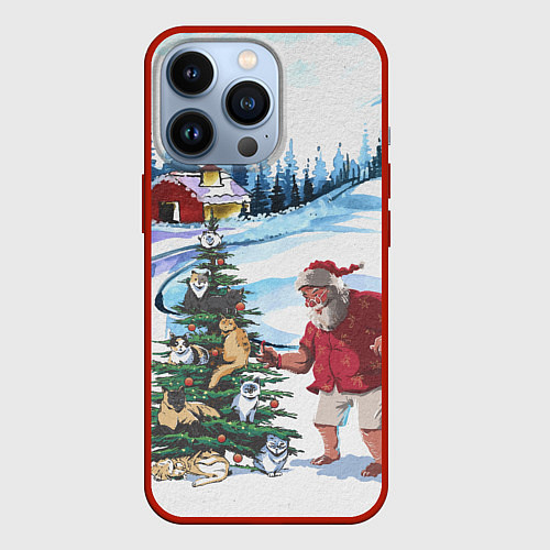 Чехол iPhone 13 Pro Санта Клаус и ёлка с котами / 3D-Красный – фото 1