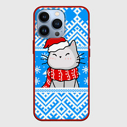 Чехол для iPhone 13 Pro Котик в новогодней шапочке, цвет: 3D-красный