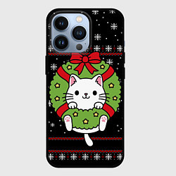 Чехол для iPhone 13 Pro Рождественский венок с котиком, цвет: 3D-черный