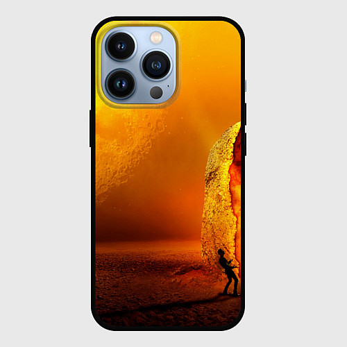 Чехол iPhone 13 Pro Оранжевый космос и луна / 3D-Черный – фото 1