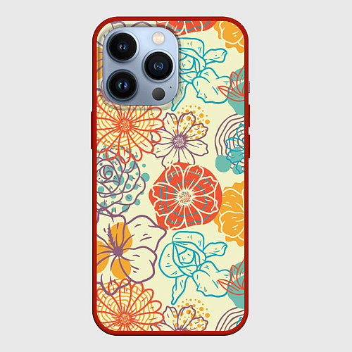 Чехол iPhone 13 Pro Цветы и геометрические фигуры скетч / 3D-Красный – фото 1