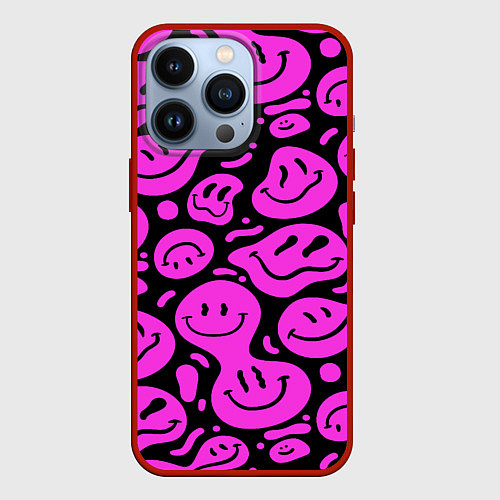 Чехол iPhone 13 Pro Кислотный розовый в смайликах / 3D-Красный – фото 1