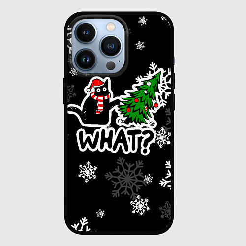 Чехол iPhone 13 Pro What котик роняет ёлку / 3D-Черный – фото 1