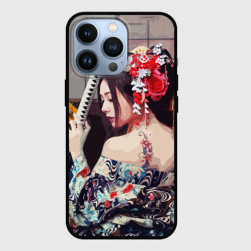 Чехол iPhone 13 Pro Японская девушка с самурайским мечом / 3D-Черный – фото 1
