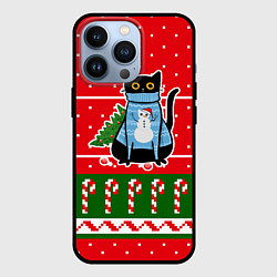 Чехол iPhone 13 Pro Котик в синем свитере с ёлочкой