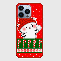 Чехол для iPhone 13 Pro Белый котик - играет в снежки, цвет: 3D-красный