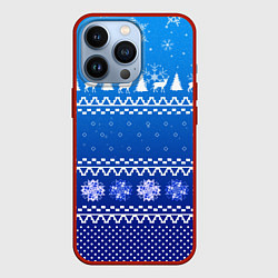 Чехол для iPhone 13 Pro Новогодний узор на синем фоне, цвет: 3D-красный