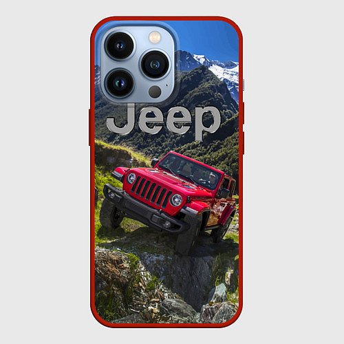Чехол iPhone 13 Pro Chrysler Jeep Wrangler Rubicon - горы / 3D-Красный – фото 1