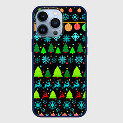 Чехол для iPhone 13 Pro Узор с ёлками и оленями, цвет: 3D-тёмно-синий