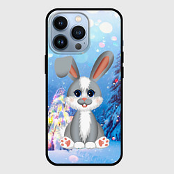 Чехол iPhone 13 Pro Серый зайка на фоне елки