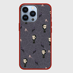 Чехол для iPhone 13 Pro Уэнсдей, Вещь и вороны - паттерн, цвет: 3D-красный