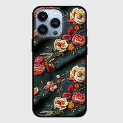 Чехол для iPhone 13 Pro Эффект вышивки разные цветы, цвет: 3D-черный