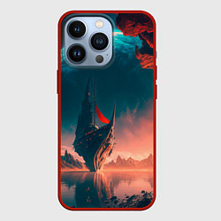 Чехол для iPhone 13 Pro Абстрактный летающий корабль и луна, цвет: 3D-красный