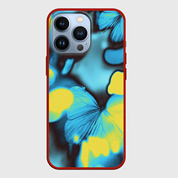 Чехол для iPhone 13 Pro Голубые бабочки асбтракция, цвет: 3D-красный