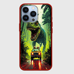 Чехол для iPhone 13 Pro Динозавр в погоне за машиной в джунглях, цвет: 3D-красный