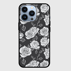 Чехол для iPhone 13 Pro Нарисованные белые розы, цвет: 3D-черный