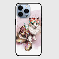 Чехол для iPhone 13 Pro Милая кошечка с цветами, цвет: 3D-черный