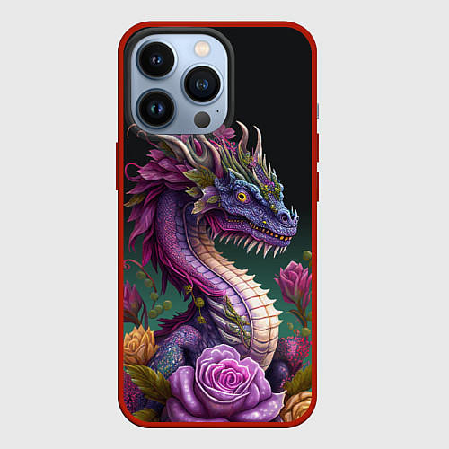 Чехол iPhone 13 Pro Неоновый дракон с цветами / 3D-Красный – фото 1