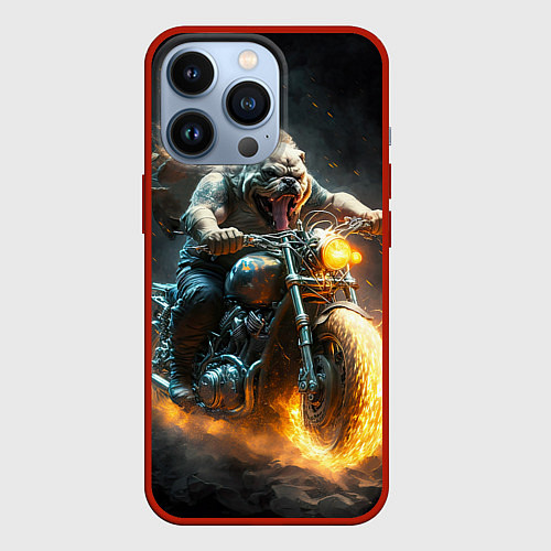 Чехол iPhone 13 Pro Бульдог байкер на мотоцикле / 3D-Красный – фото 1