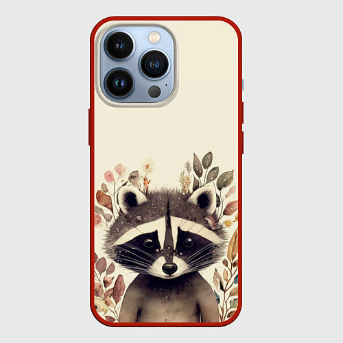 Чехол iPhone 13 Pro Милый енот в акварельном стиле / 3D-Красный – фото 1