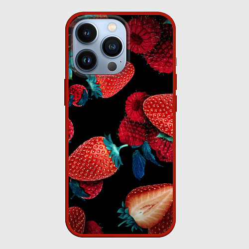 Чехол iPhone 13 Pro Клубника на черном фоне / 3D-Красный – фото 1