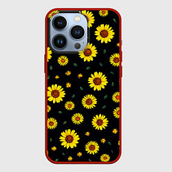 Чехол для iPhone 13 Pro Желтые ромашки на черном, цвет: 3D-красный