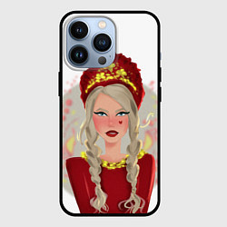 Чехол для iPhone 13 Pro Девушка с косичками в красном кокошнике, цвет: 3D-черный