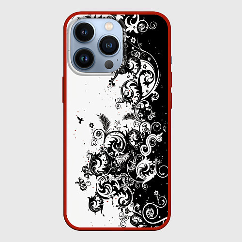 Чехол iPhone 13 Pro Черно-белая птица среди узорчатых цветов / 3D-Красный – фото 1