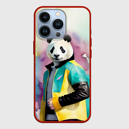 Чехол iPhone 13 Pro Прикольный панда в модной куртке / 3D-Красный – фото 1