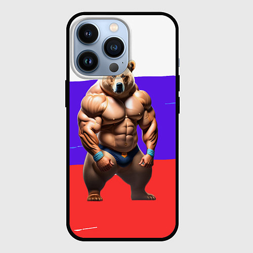 Чехол iPhone 13 Pro Накаченный медведь на Российском флаге / 3D-Черный – фото 1