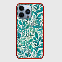Чехол для iPhone 13 Pro Нежные акварельные листья, голубые и зеленые, цвет: 3D-красный