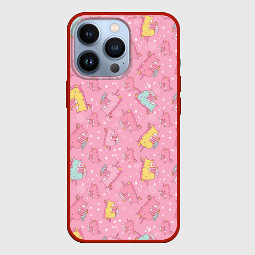 Чехол iPhone 13 Pro Милый единорог паттерн / 3D-Красный – фото 1