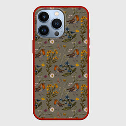 Чехол для iPhone 13 Pro Малиновки и зверобой, цвет: 3D-красный
