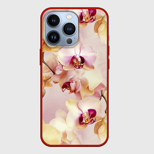 Чехол iPhone 13 Pro Желтые и нежно-розовые орхидеи - паттерн / 3D-Красный – фото 1